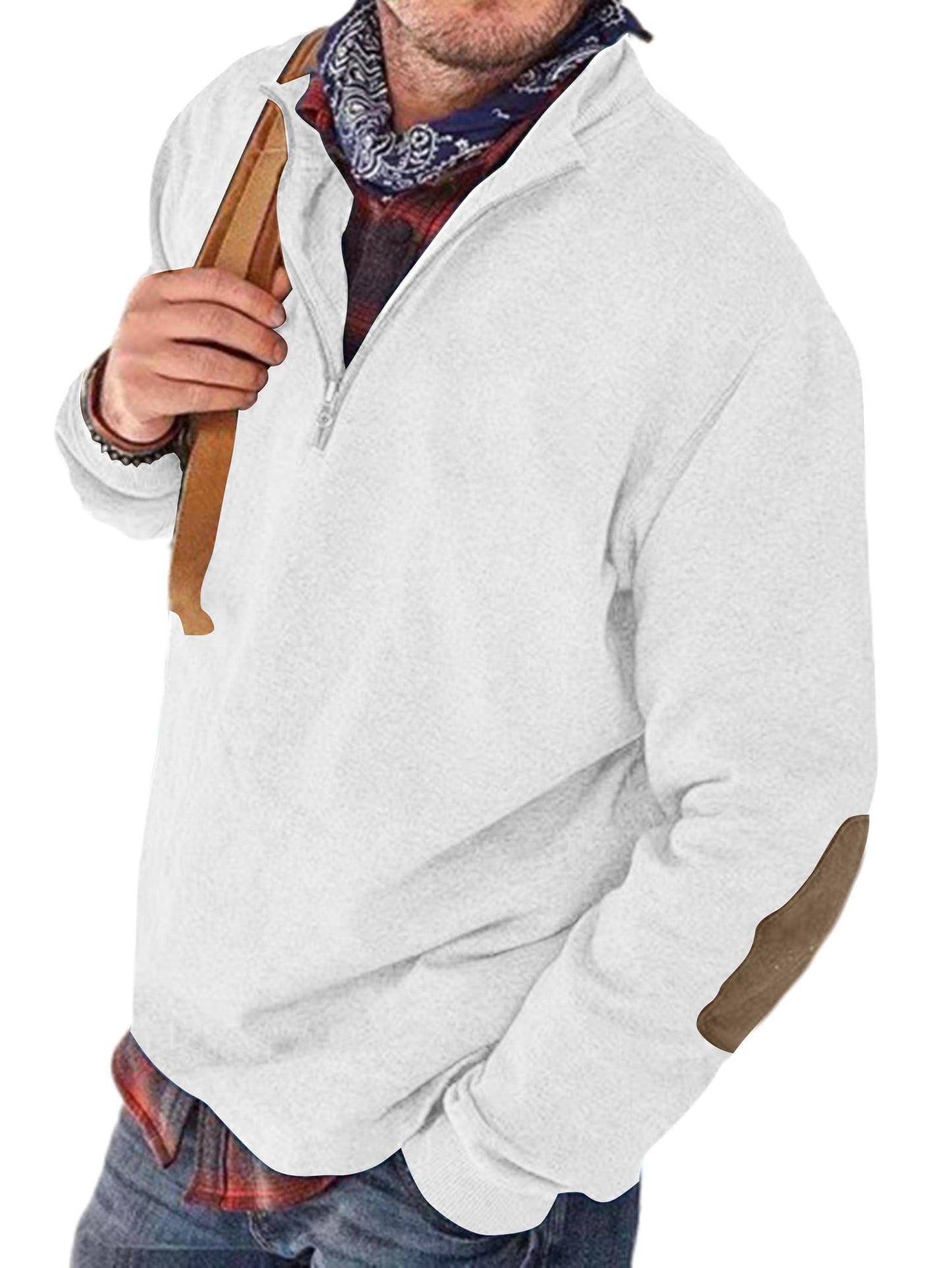 Angbater Men’s Polo Shirts Lapel Collar Zipper Up Pullover Mock Neck Long Sleeve Golf Polo Sweatshirts with Elbow Patches Gray