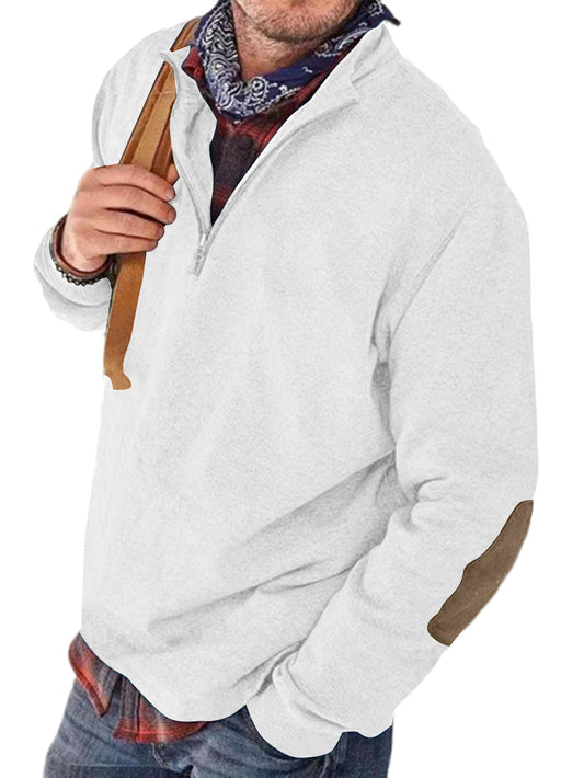Angbater Men’s Polo Shirts Lapel Collar Zipper Up Pullover Mock Neck Long Sleeve Golf Polo Sweatshirts with Elbow Patches Gray