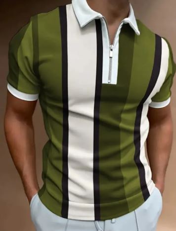 Men’s Striped Short-Sleeve Polo Shirt with Zipper Lapel – Slim Fit