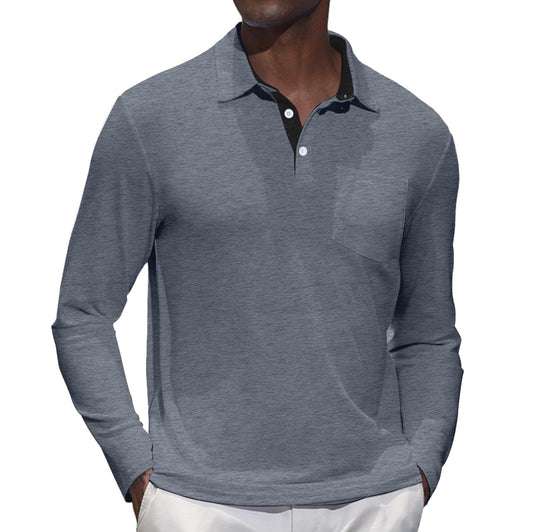 Mens Knit Polo Shirts Long Sleeve Classic Polo Shirts Classic Button Basic Shirt Solid Color Golf Shirts Grey XL