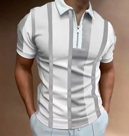 Men’s Striped Short-Sleeve Polo Shirt with Zipper Lapel – Slim Fit