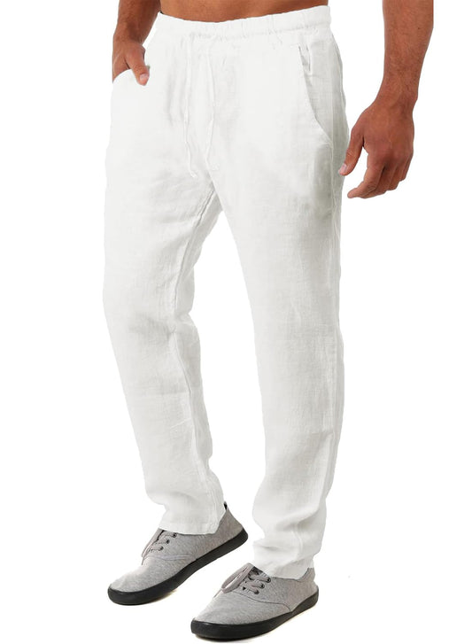 FANARCHER Men’s Lightweight Cotton Linen Pants Casual Trousers Drawstring Yoga Beach Pants with Pockets White