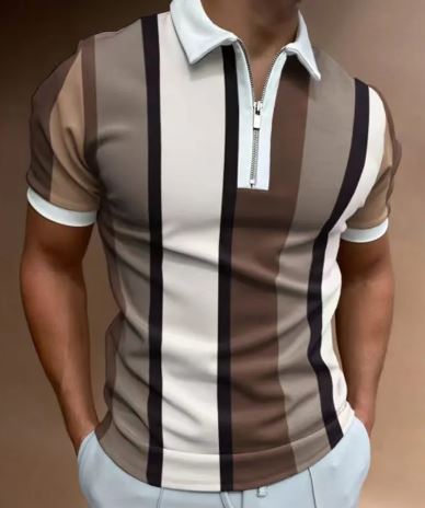 Men’s Striped Short-Sleeve Polo Shirt with Zipper Lapel – Slim Fit