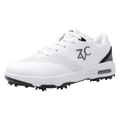 ZVC Golf Shoes Men with Spikes Non-Slip Water-Resistant Lightweight Breathable Professional Spiked Footwear Outdoor White
