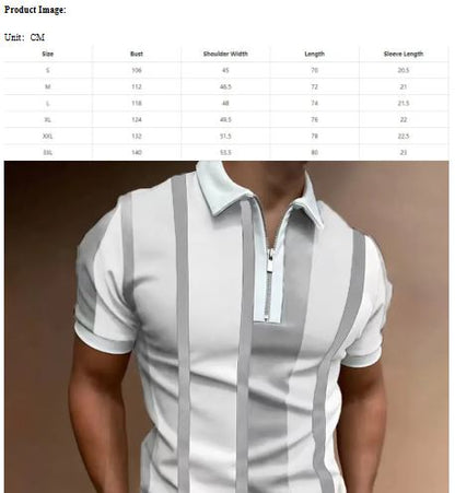 Men’s Striped Short-Sleeve Polo Shirt with Zipper Lapel – Slim Fit